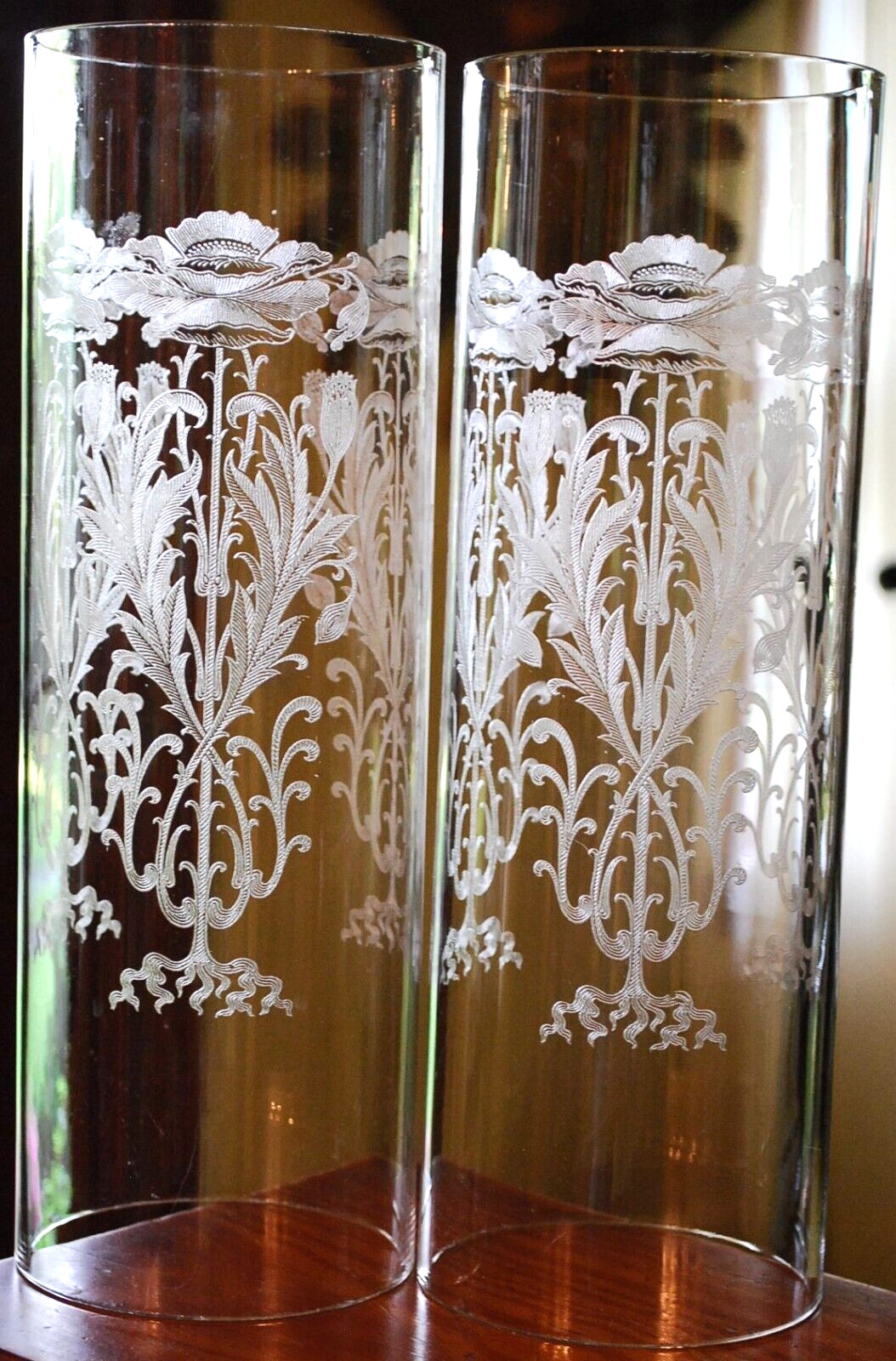 Set 2 TIFFIN FRANCISCAN Crystal Hurricane Lampshades FLANDERS CLEAR ETCH POPPIES