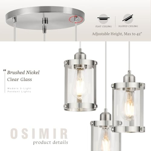 3-Light Pendant Lighting, Brushed 3 - Light, Ceiling Nickel - Clear Glass