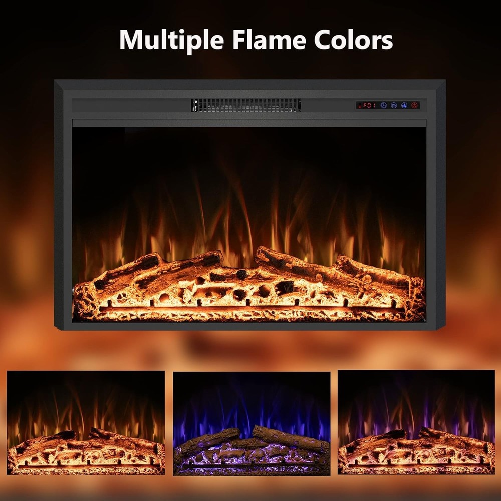 30" Width Electric Fireplace Inserts with Adjustable Flame Colors, Fireplace Hea