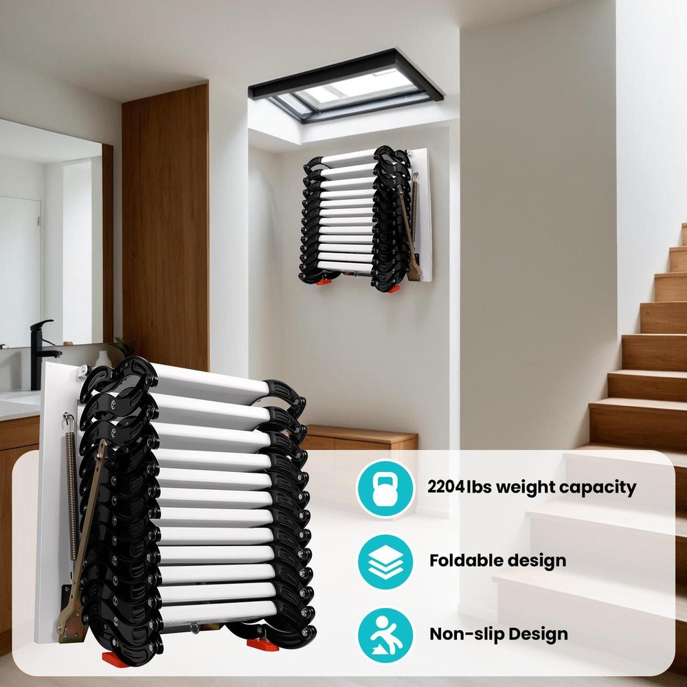10FT Wall-mounted attic ladder 2204LBS Pull Down Foldable Loft Stair for Home