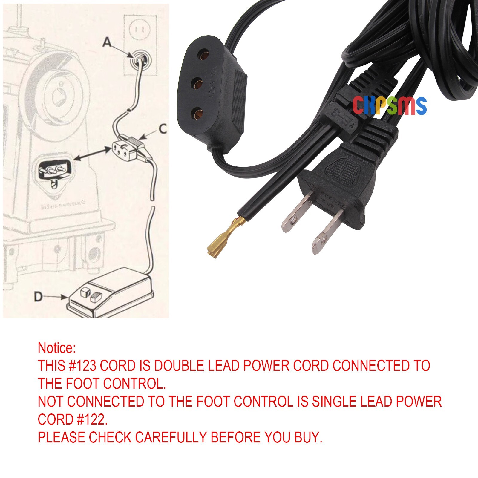 Power Cord 110V Double Lead for Singer 15-88, 15-91, 201, 206, 221K, 222K, 306