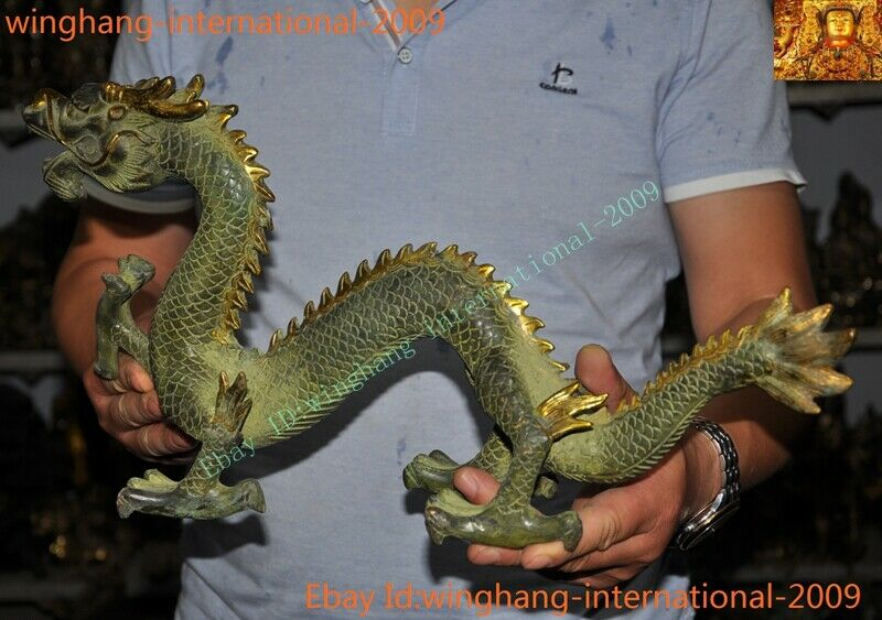 Old Chinese China Feng Shui Bronze Gilt lucky wealth zodiac animal Dragon statue