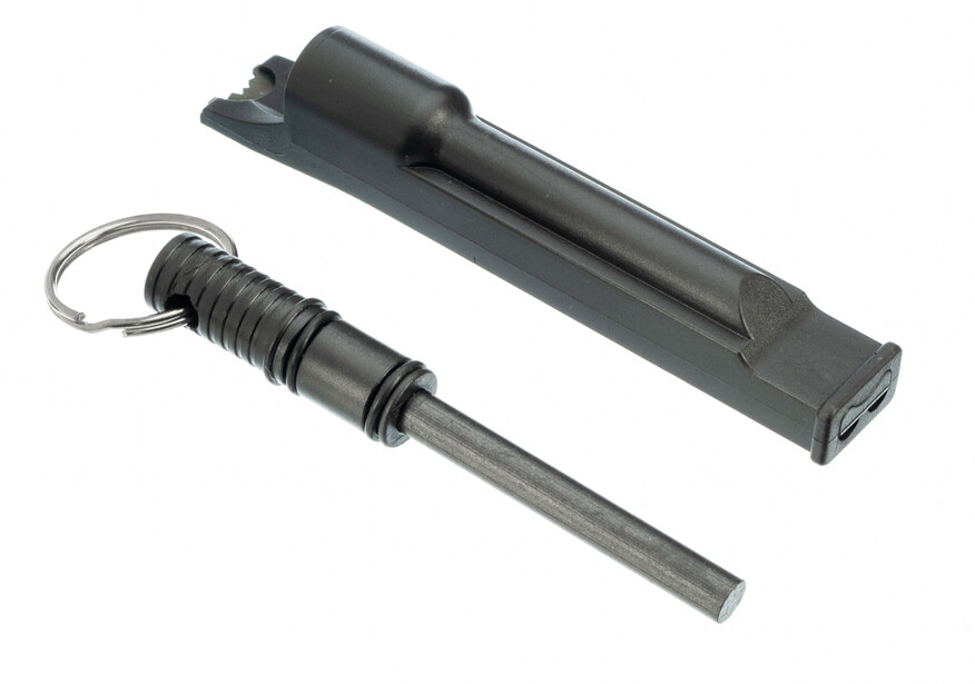 3-IN-1 Flint Rod Fire Starter Striker Integrated Whistle & Split Ring BLACK