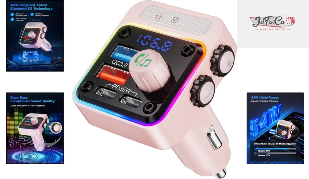 Efficient 54W Multi-Device Car Charger with Bluetooth 5.3 and Colorful Lighting