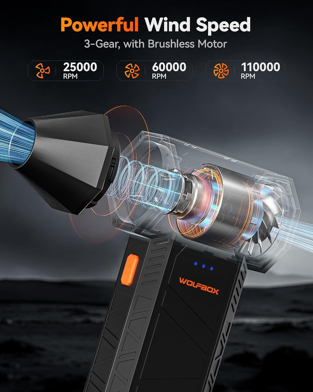 WOLFBOX MF50 Cordless Air Duster 110000RPM Turbo Fan 3-Speed Mini Blower for PC