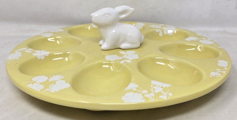 Yellow White Floral Bunny Rabbit Deviled Egg Plate Dish Server 8 Eggs Easter