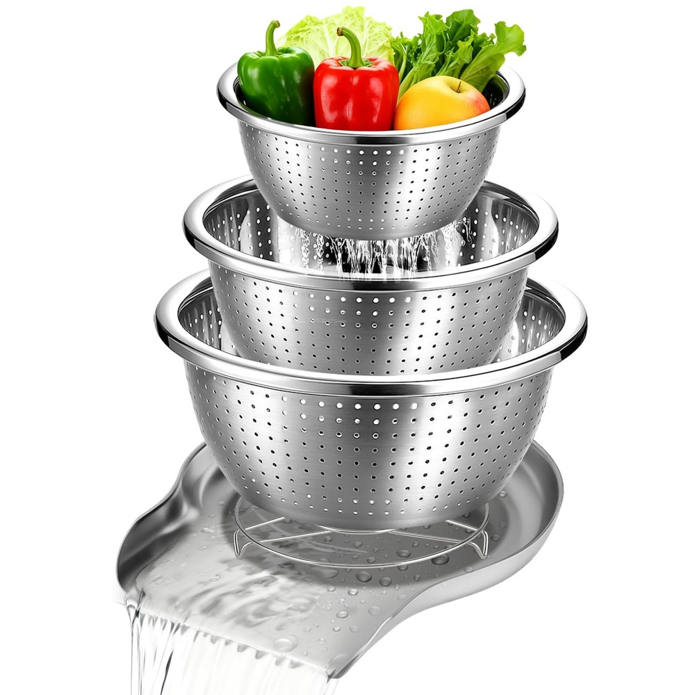Stainless Steel Colander Set with Self-Draining Base, 3 Sizes Colanders & Foo...