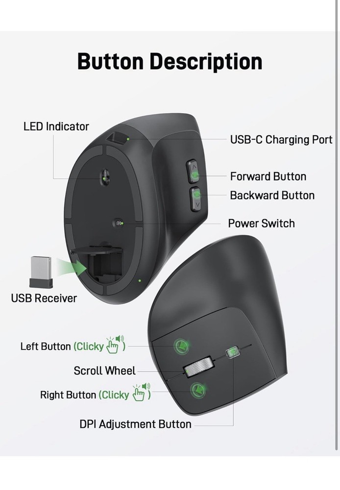 Acer Ergonomic Mouse Wireless, Adjustable DPI Vertical Mouse 1000/1200/1600