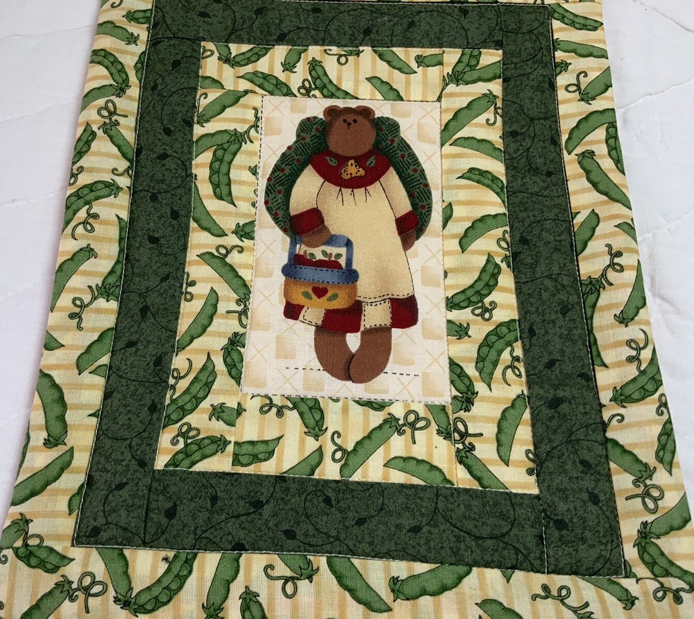 Small Patchwork Quilt Wall Hanging, Country, Rectangles, Bear In Center