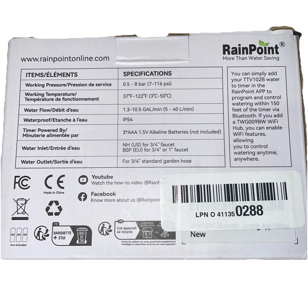 Rainpoint Watering Controller Model TTV-102B Timer Only