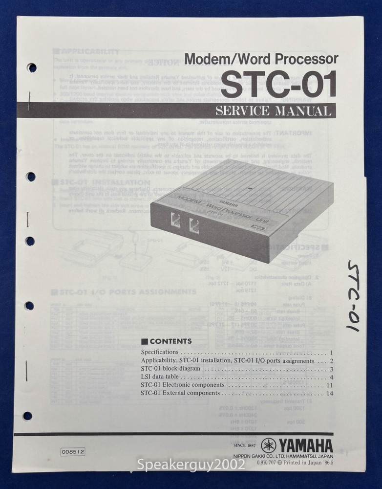 Original Yamaha STC-01 Modem / Word Processor Service Manual