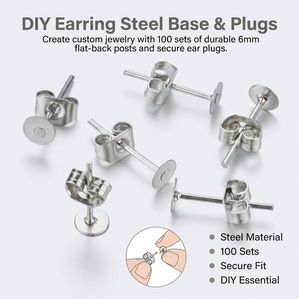 Flat Back Earring Posts with Ear Nuts for DIY Craft Round Disc Earring Findings