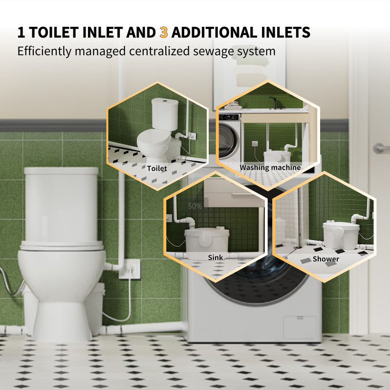 750W Upflush Macerating Toilet System Dual Flush for Basement with 4 Water Inlet