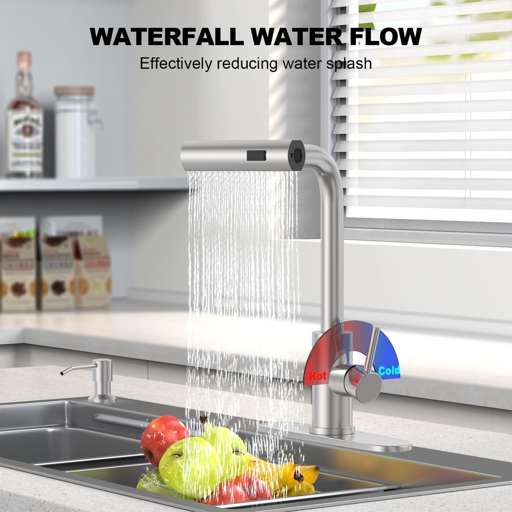 Brushed Nickel Kitchen Faucets with Pull Down Sprayer & Soap Dispenser, Singl...