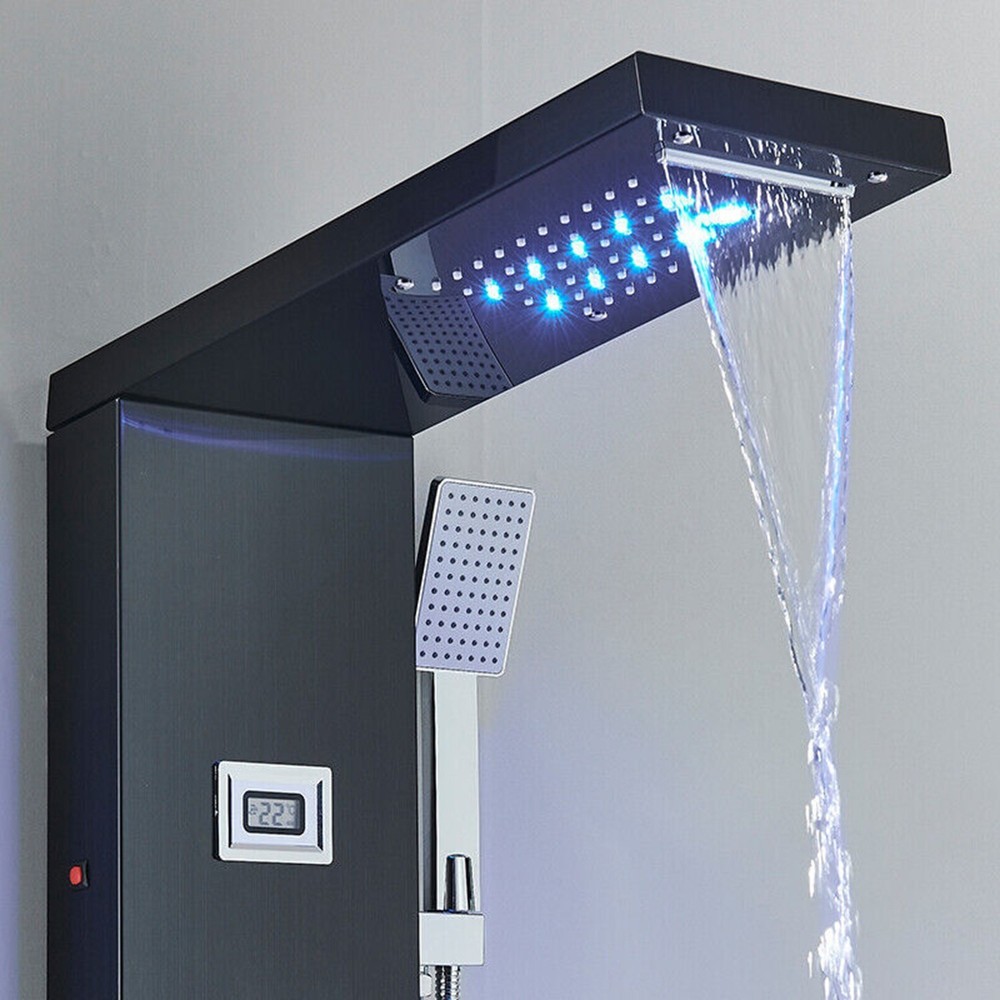LED Shower Panel Tower System Brushed Black with Handle Massage Jet