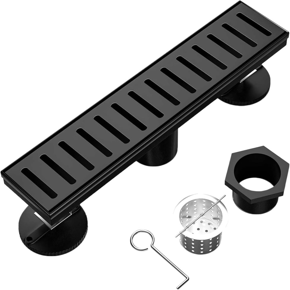 Black Linear Shower Drain 12 Inch with Removable Capsule Pattern Grate