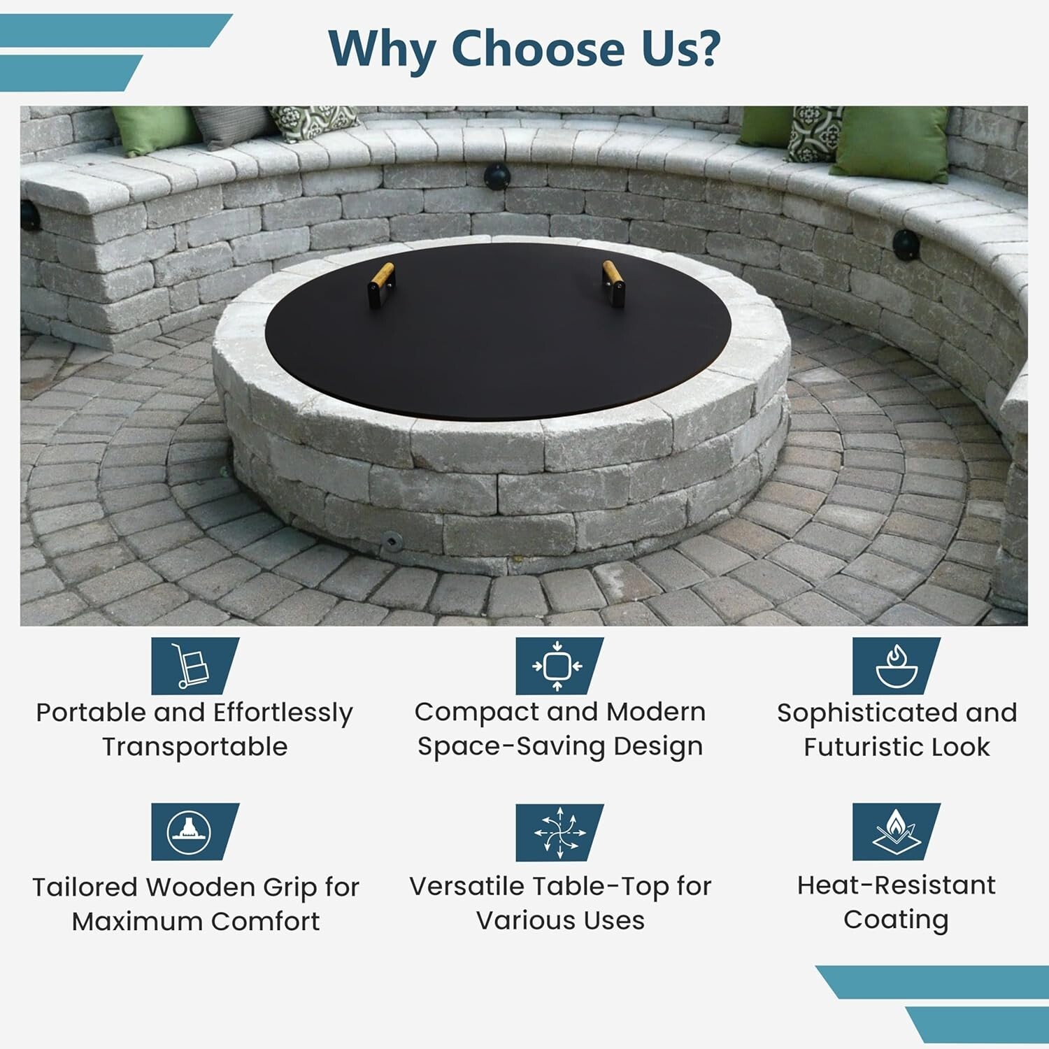 Round Fire Pit Lid - 38 inch fire pit lid Metal W/Wooden Handles Fit