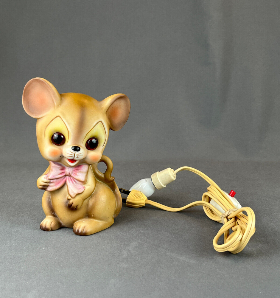Vintage Josef Original MOUSE WITH PINK BOW 6" Ceramic Night Light ~ Working