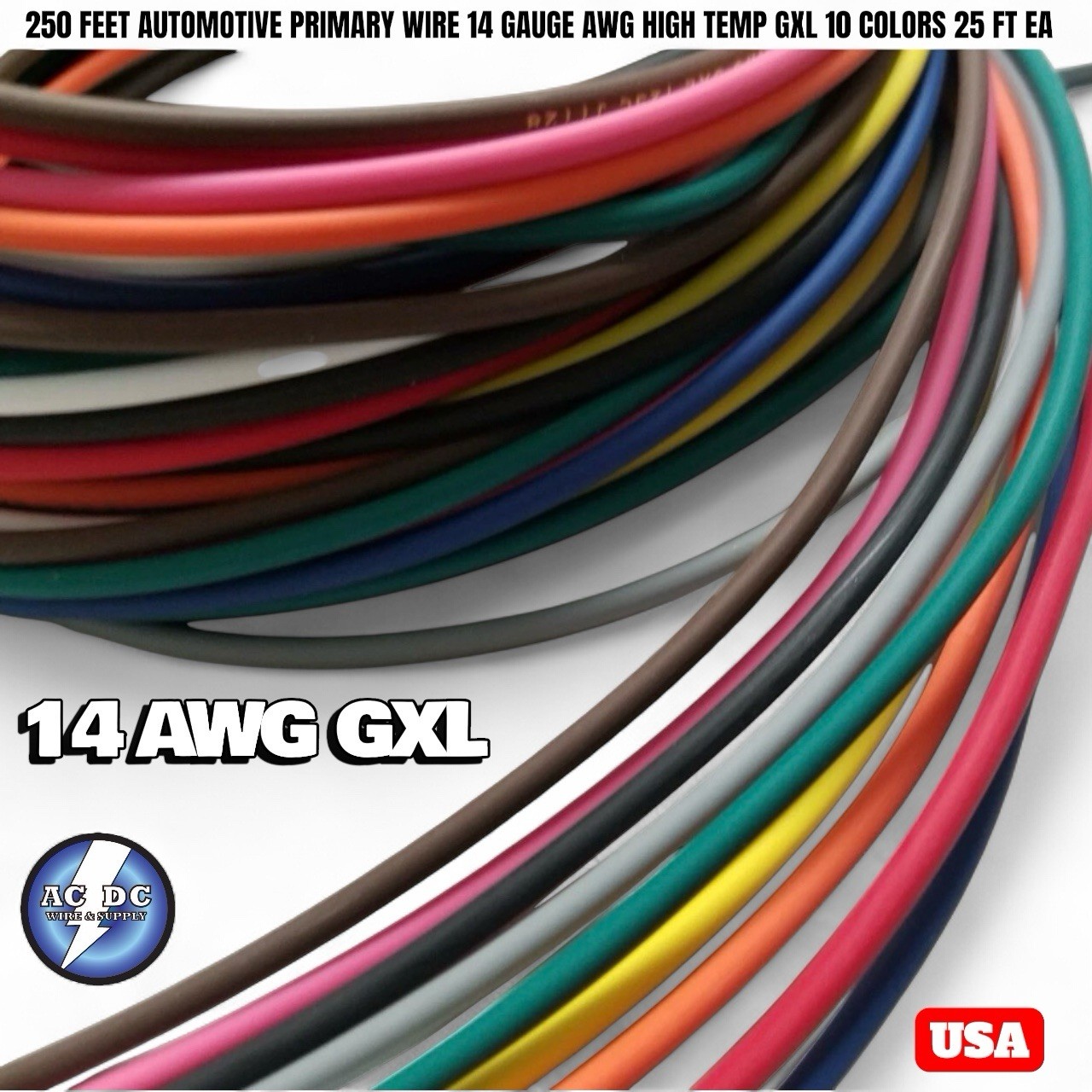 250 FEET AUTOMOTIVE PRIMARY WIRE 14 GAUGE AWG HIGH TEMP GXL 10 COLORS 25 FT EA