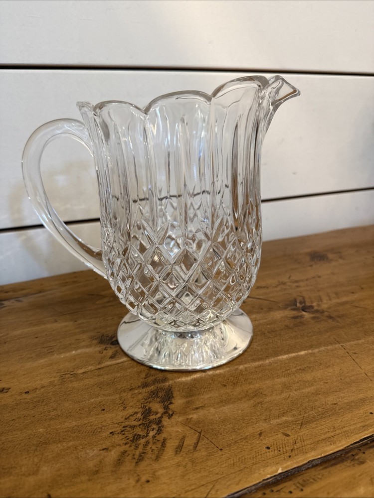 Vintage Diamond Cut Pattern Crystal Pitcher with Silverplate Base