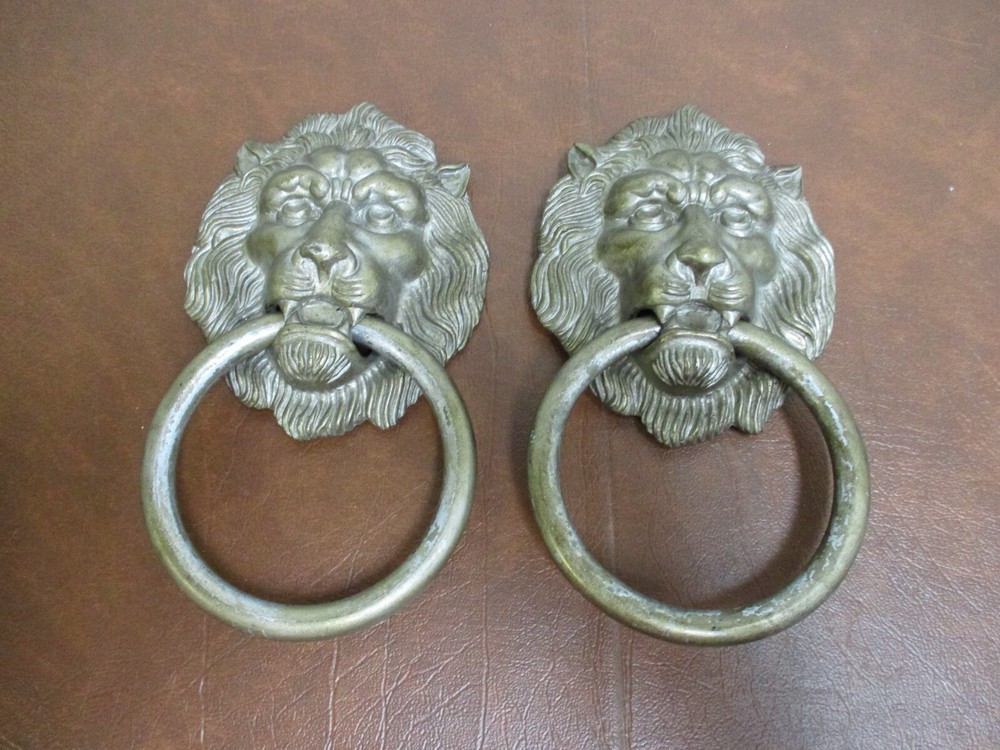 2 Vintage Large Brass Lion Head Drawer Pulls Knobs handles