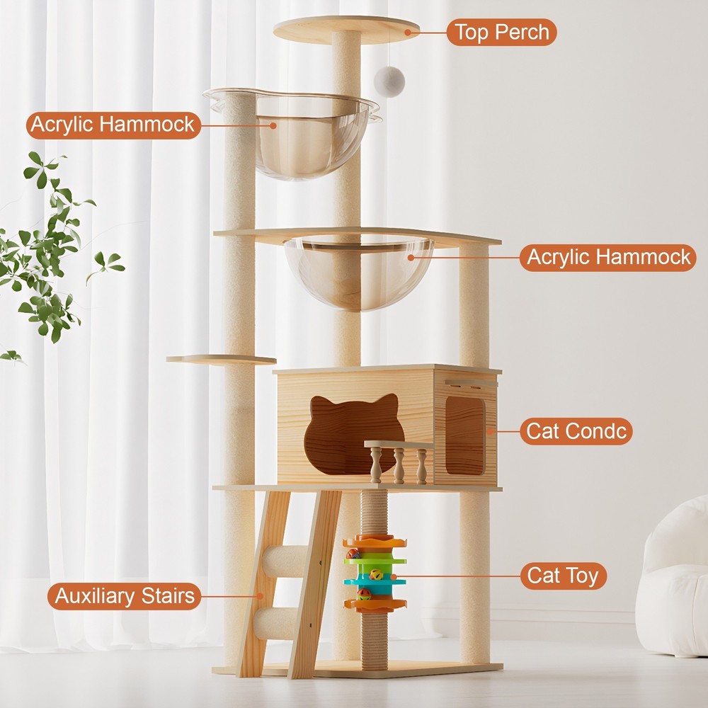 Modern Cat Tower with Scratching Posts, Perch & Acrylic Hammock for Cats