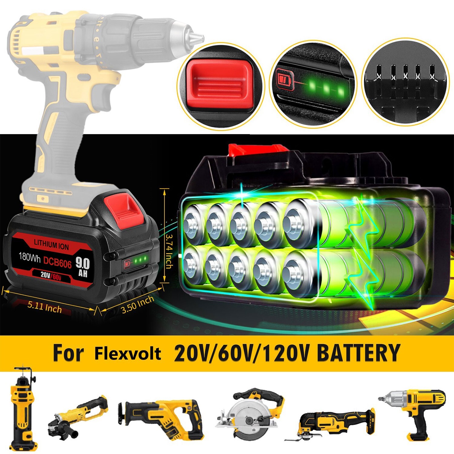 4x For DEWALT For FLEXVOLT 20V/60V MAX 9.0Ah Li-Ion Battery DCB606 DCB609 DCB612