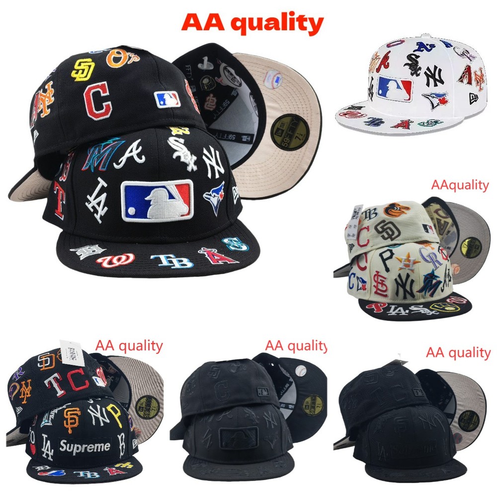 NEW MLB Teams Patch Logos All-Over Black/White 59FlFTY Fitted Cap-5950 Hat