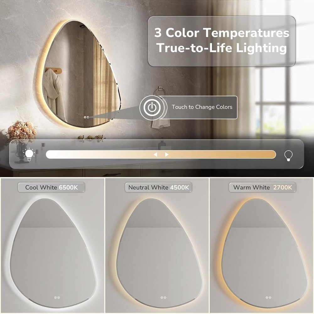 USHOWER LED Bathroom Mirror 26x32" Irregular Backlit AntiFog Dimmable Wall Decor