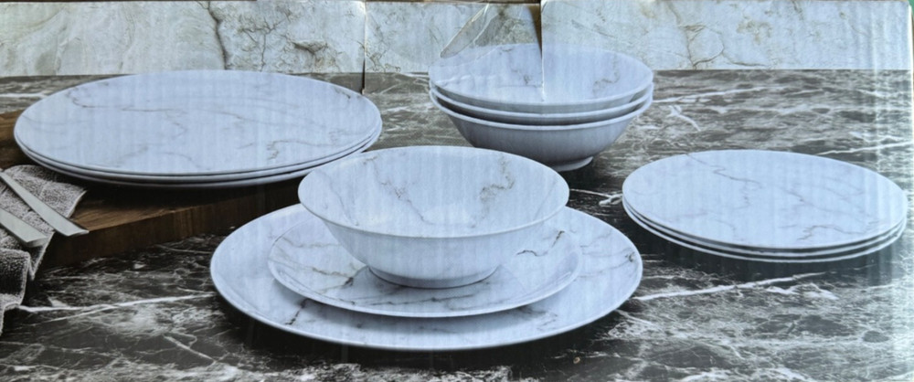 Melamine Dinnerware Set 12 Pcs, White Marble Rustic Edge, for 4, Master Chef