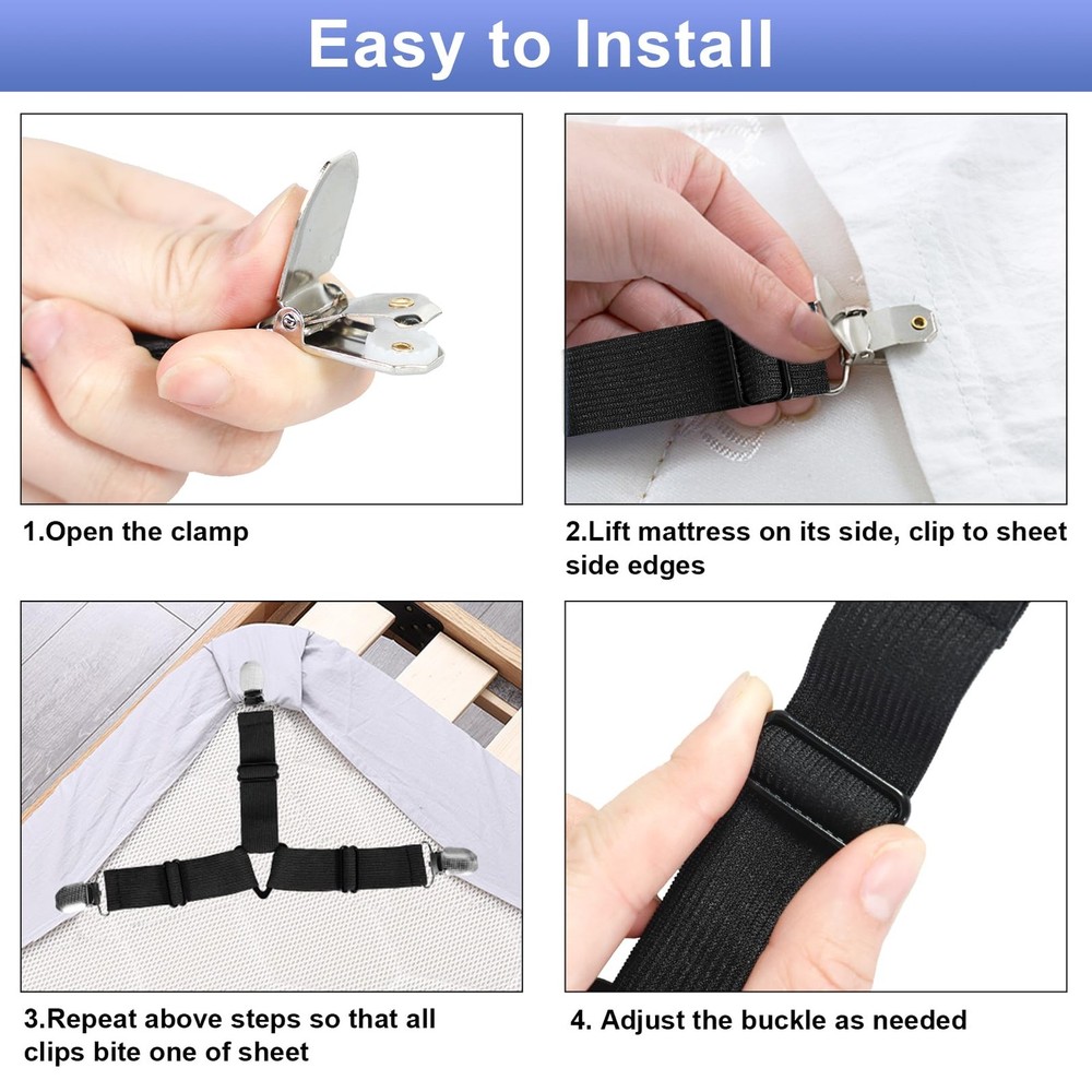 Bed Sheet Straps, 6 Pack Fitted Bed Sheet Fasteners Clips Adjustable Crisscross