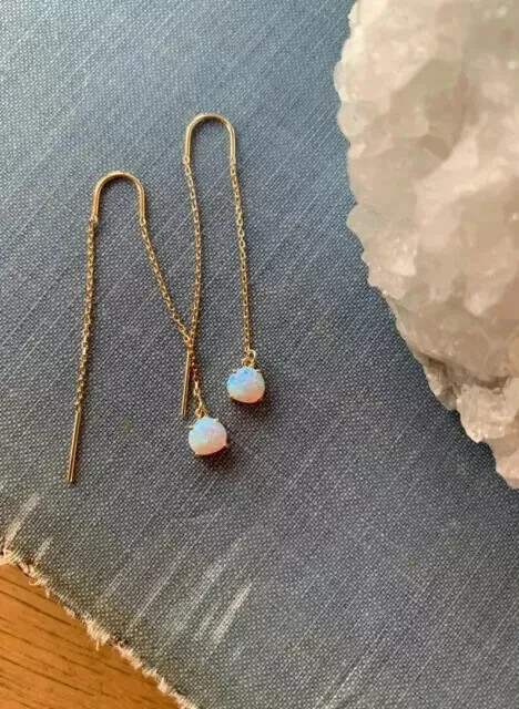 2 Ct Round Lab-Created Fire Opal Drop Thread Earrings 14k Gold Plated Solid 925