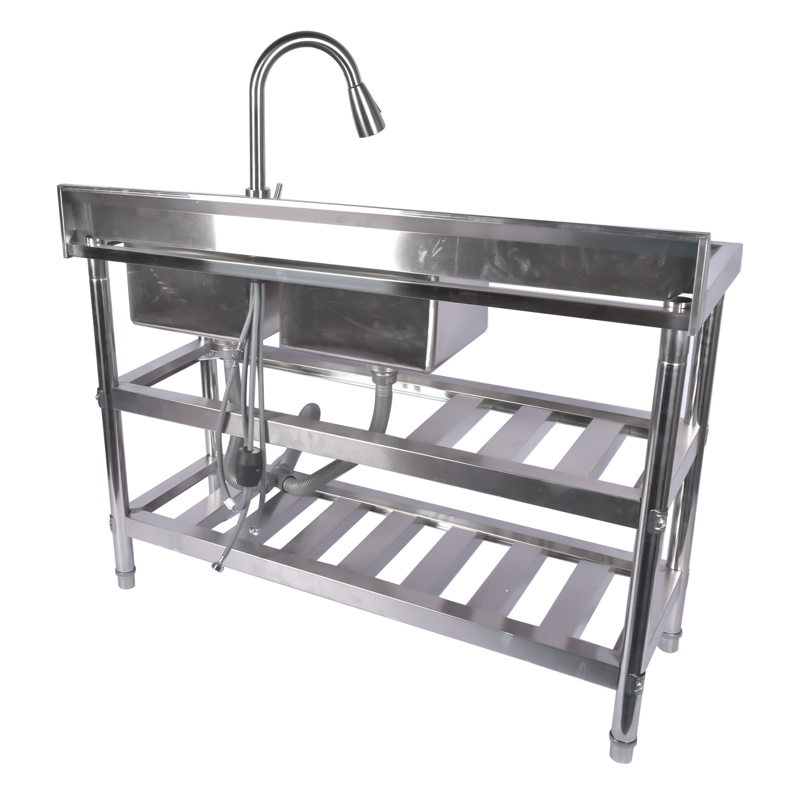 47.2" Stainless Steel Double Bowl Utility Sink with Pull-Out Faucet & Drainboard