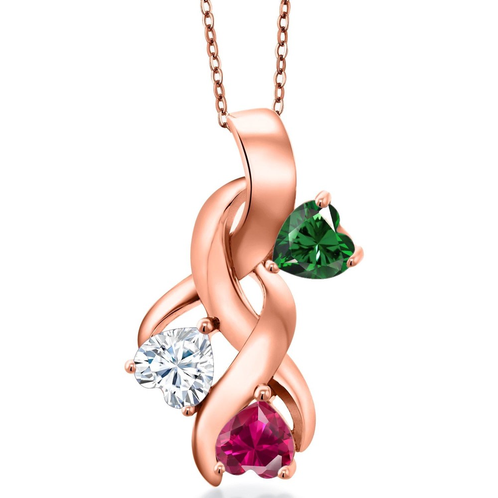 18K Rose Gold Plated Silver Nano Emerald and White Moissanite and Created Ruby