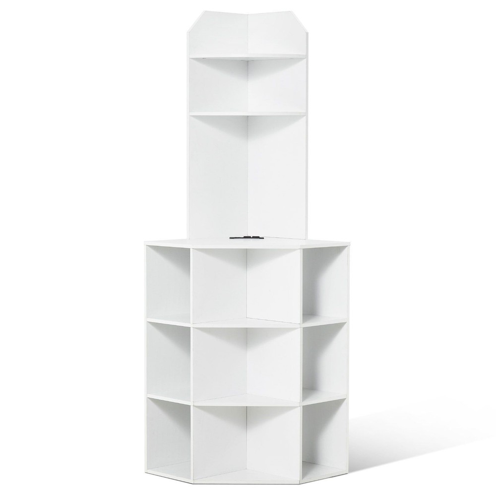 64" Corner Storage w/Charging Station Adjustable Shelves White Cabinet