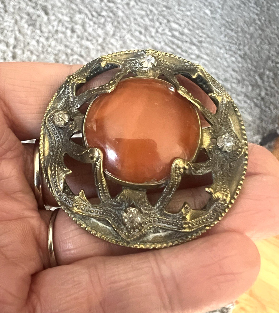 Antique Ornate Large 2" Brass & Orange Stone Agate Paste Button