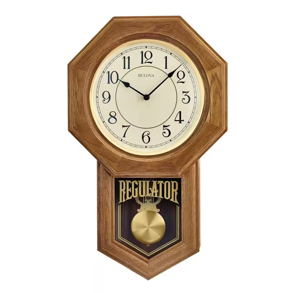 Golden Oak and Octagon Frame Solid Hardwood Wall Clock with Harmonic Chimes