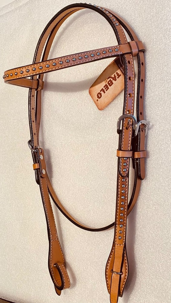Light Oil Leather Browband Headstall With Stainless Studs Quick Change Bit Ends