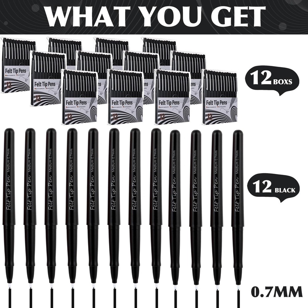 Black Felt Tip Pens 144 Pcs 0.7mm Medium Point Markers Bulk