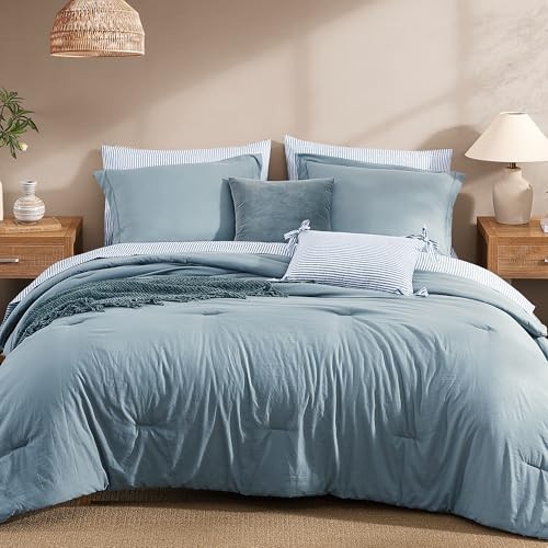 King Size Comforter Set - 7 Pieces Dusty Blue Prewashed Bed in a Bag King