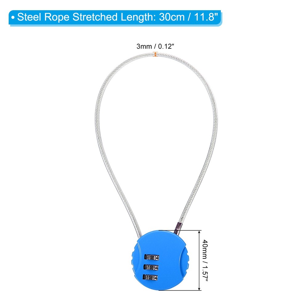 Small Combination Block 11.8", 3pc 3 Digit Luggage Lock, Bright Blue