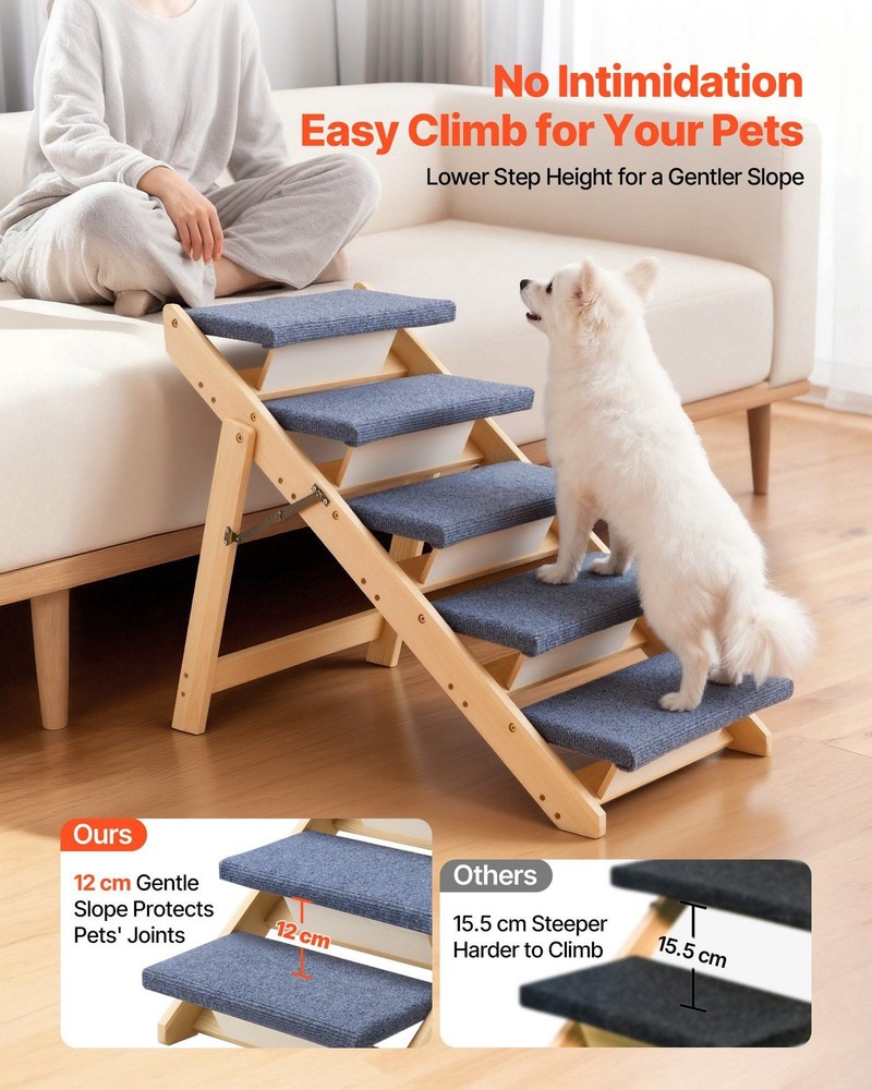 Foldable 5-Step Dog Stairs: Pine Wood Frame, Fabric Steps, 150lb Support