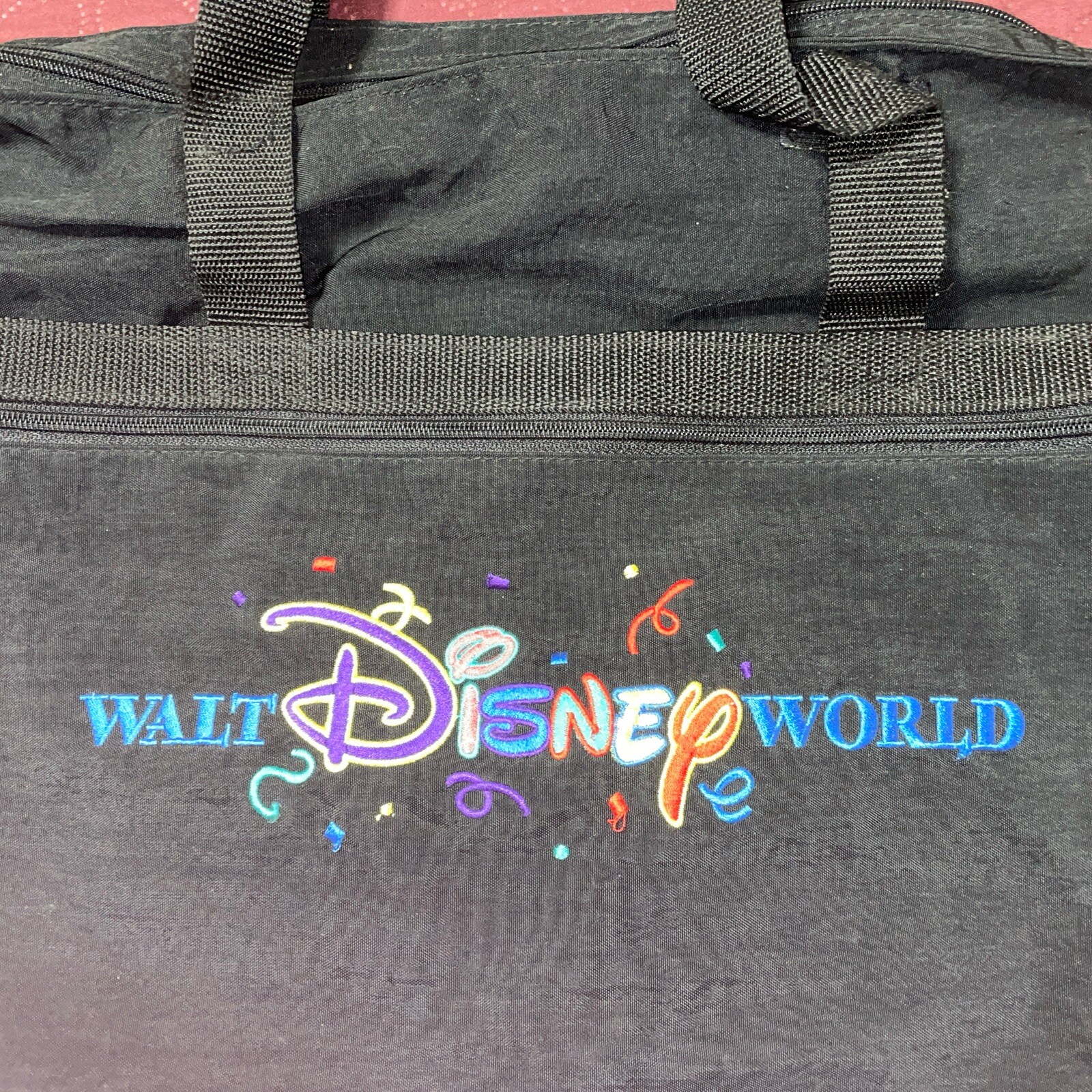 Walt Disney World Black Nylon Tote Bag Large w/ Embroidered Lettering 20" X 13"