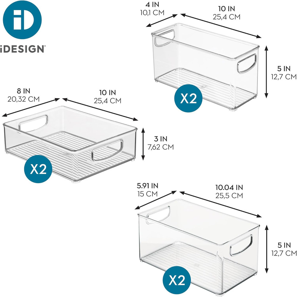 Stackable Pantry Bins, 2 Small, 2 Medium, and 2 Large Bins, 6 Pack, Clear, Made