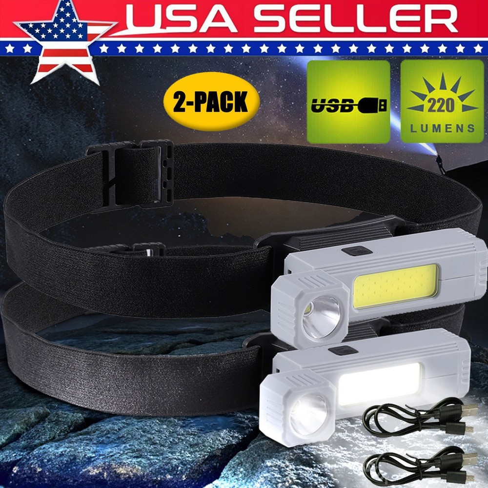 2 X COB Headlamp USB Rechargeable Flashlight Torch Work Light Bar Head Band Lamp