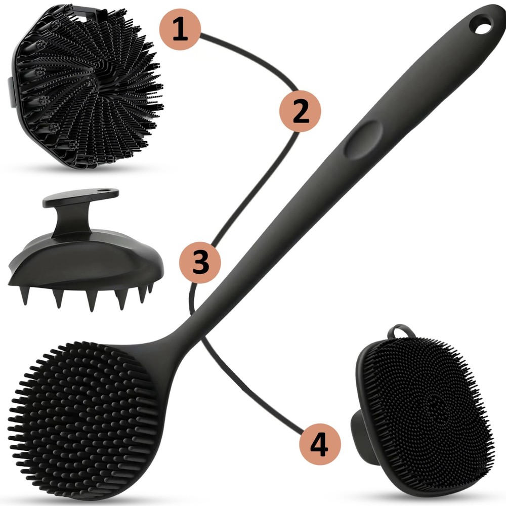 4pcs Silicone Bath & Shower Brush Set - Double Sided Long Handle For Back, Face