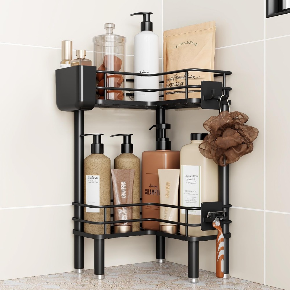 Orimade Rustproof 2 Tier Floor Standing Corner Shower Caddy Organizer with Tooth