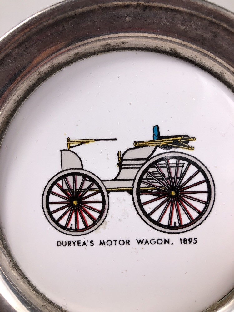 Vintage SHERIDAN Duryea's Motor Wagon COASTER Porcelain Base Silver Plated Case