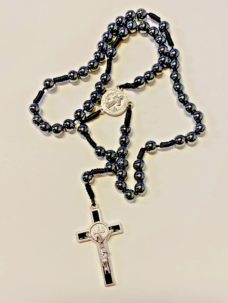 Saint Benedict Hematite Corded Small Rosary, New #AB-082
