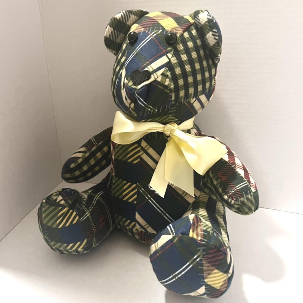 Beautiful Patchwork/Plaid Handmade Memory Teddy Bear yellow, green, blue 11"x9"